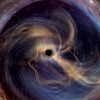 Cette œuvre imagine les premières loges de GW250114, une puissante collision entre deux trous noirs observée par Ligo, la Fondation nationale américaine pour la science. Elle représente la vue depuis l'un des trous noirs alors qu'il gravite en spirale vers son partenaire cosmique. Dix ans après la détection historique d'ondes gravitationnelles par Ligo, les détecteurs améliorés de l'observatoire lui ont permis d'« entendre » cette collision céleste avec une clarté sans précédent. Les données sur les ondes gravitationnelles ont permis aux scientifiques de distinguer de multiples sons subtils résonnant comme une cloche cosmique à travers l'Univers (imaginés ici comme des fils musicaux entrelacés en spirale vers le centre). Bien que seul Ligo ait été en ligne pendant GW250114, il fonctionne désormais régulièrement en réseau avec d'autres détecteurs d'ondes gravitationnelles, dont Virgo en Europe et Kagra au Japon. © Aurore Simonnet (SSU/EdEon)/LVK/URI